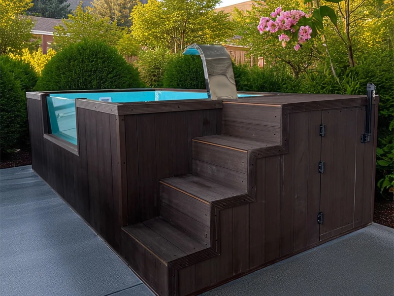 Exterior steps in dark brown with motor access and silver hardware faucet
