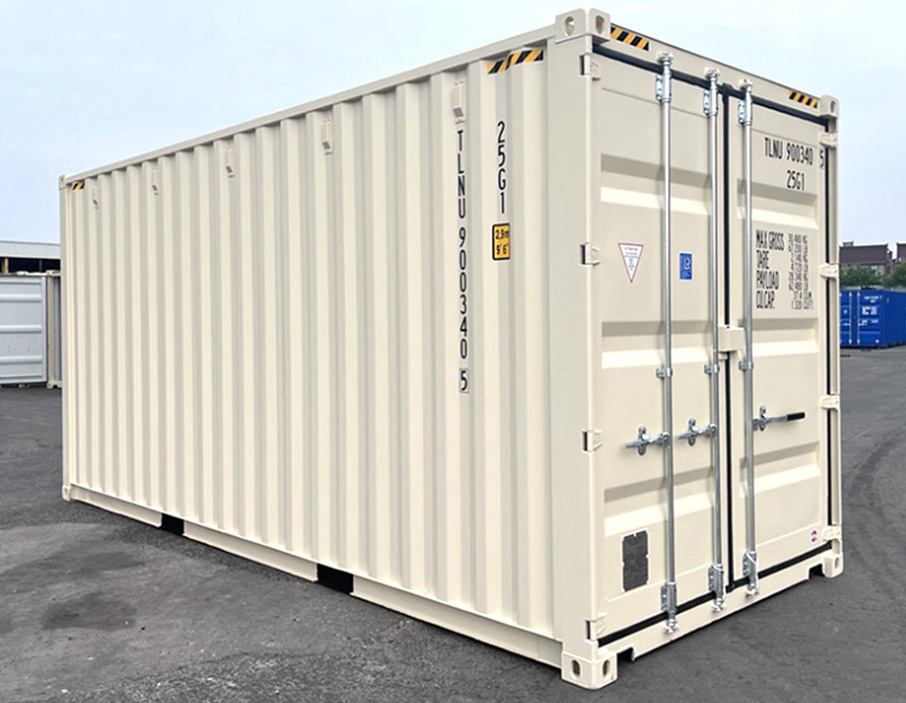 A diagonal image of a white 20 foot shipping container