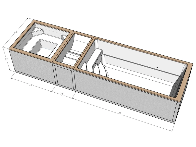 Diagram of Custom pool made of from a container with steps and a hot tub
