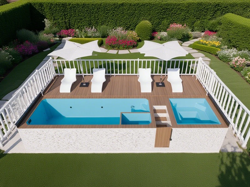 Dotto with light white exterior finish, and light blue pool and hot tub interior finish