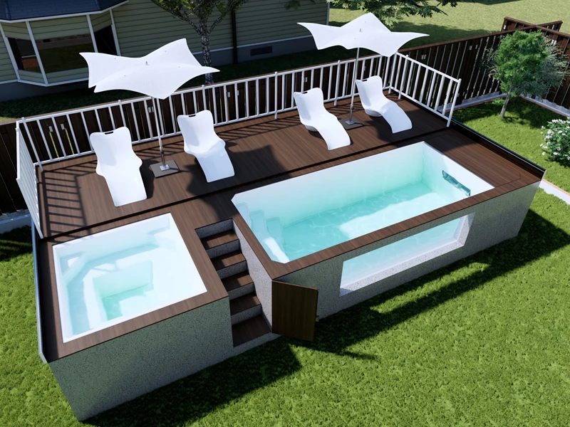 Dar Cherry red pool deck customized for Container Chiq's Dotto, with white pool and hot tub interiors