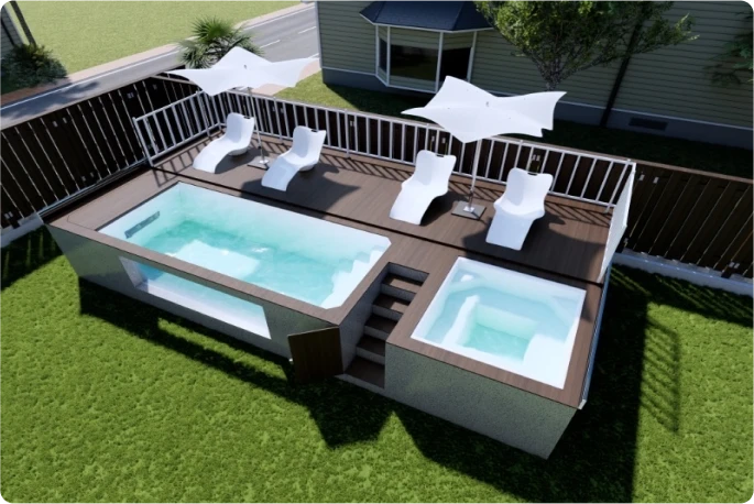 2 white umbrellas and 4 white pool recliners and a container pool, steps and hot tub
