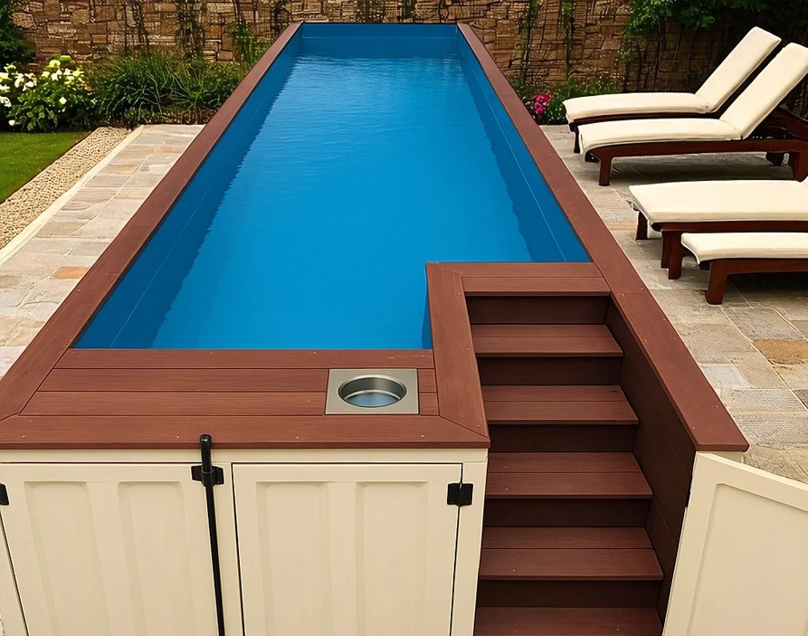 Cherry wood container pool sitting on stone slab with pool chairs surrounding
