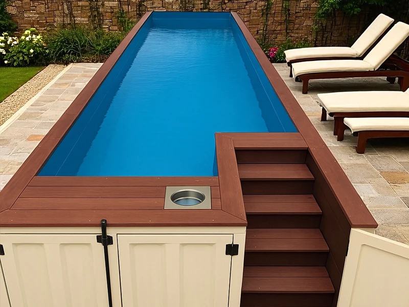 above ground container pool on landscaped yard with stone pool deck and white lounge chairs